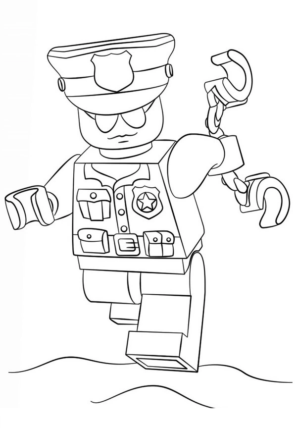 Coloring page of running lego policeman figurine